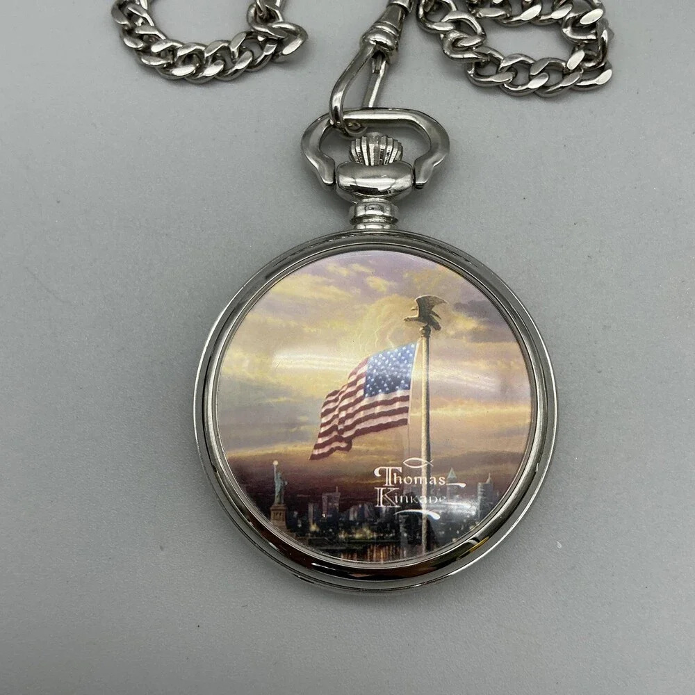 Thomas Kinkade The Light of Freedom Pocket Watch 50mm Silver Tone Flag Hunter